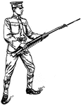 "At the second command sake the position of guard; at the same time throw the rifle smartly to the front, grasp the rifle with the left hand just below the lower band, fingers between the stock and gun sling, barrel turned slightly to the left, the right hand grasping the small of the stock about 6 inches in front of the right hip, elbows free from the body, bayonet point at the height of the chin." — Moss, 1914