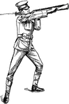 "Straighten right arm and right leg vigorously and swing butt of rifle against point of attack, pivoting the rifle in the left hand at about the height of the left shoulder, allowing the bayonet to pass to the rear on the left side of the head. Guard is resumed without command." — Moss, 1914