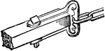 An iron bent in the form of a stirrup, horseshoe, or the letter U with two ends perforated to recieve a pin, used to connect a draft chain or whipple tree to a cart or plow.