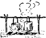 "Camp kettles can be hung on a support consisting of a green pole lying in the crotches of two upright posts of the same character. A narrow trench for the fire, about 1 foot deep, dug under the pole, not only protects the fire from the wind but saves fuel." — Moss, 1914