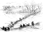 Civil War soldiers crossing Ely's Ford and the Rapidan river. Ely's Ford was a major battle of the river. It is located in Virginia near Fredericksburg.
