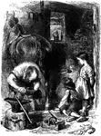 A blacksmith shoeing a horse while small children watch.