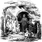 A church scene with the priest standing in the doorway with a group of children in robes.