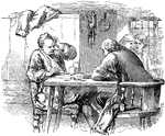 Two men sitting at a table playing a game.
