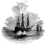 One of a fleet of sailing vessels. Smaller boats are seen either coming from or going to the ship.