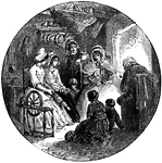 Young and old sitting in a circle listening to stories. A younger woman holds a distaff. there is a spinning wheel in the foreground.