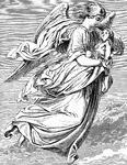 A flying angel carrying a small child in the clouds.