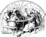 A group of monks sit on backless benches around a table in a vaulted room.