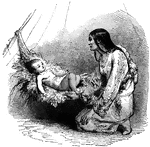A young woman in Native American attire looks over a small child resting.