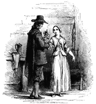 A man gives a handful of flowers to a young woman. Both are standing. A table and chair are visible in the background.