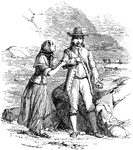 A man stands firmly looking straight ahead while a woman at his side touches his arm. Perhaps she is pleading for something and he is trying not to look at her. Rocks and mountains are in the background.