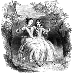 Two young women on a swing together. They are wearing long dresses and are surrounded by trees.