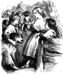 Four children are standing outside, engaged in conversation. One child has his arm around the neck of a large dog. A girl jumps rope in the background.