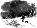 A man carrying firewood and dog walking leaving footprints in the snow. A cottage is seen in the distance. Bare winter trees are along the way.