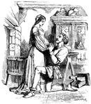A man on one knee holds a woman's hands as he proposes to her. An overturned bench behind him may indicate the suddenness of his action. Also seen in the room are a cabinet, table, chair, and hearth.