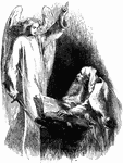 The angel of death appearing to an old man with long, flowing white hair and beard. He is leaning over a very large book. The winged angel is holding a sword in the right hand and gesturing with the left.