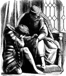 A king or nobleman sits on a modest throne with a footstool and comforts a weeping young man kneeling at his feet. Perhaps a medieval rendering of the return of the prodigal son.