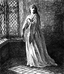 A woman in a long white robe clutches a dagger, or perhaps a cross. She stands by large windows.