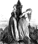 Two women in long dresses are tied to a vertical pole with what appear to be figures carved into the top. They are surrounded by bundles of sticks.