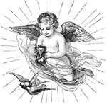 A winged child holds an hourglass over a pair of birds. The hourglass usually represents the passing of time or mortality. The hourglass is has two snakes entwined around it. Sometimes snakes are used symbolically to represent eternity (since they can make a loop) or the cheating of death (it was commonly believed that snakes revitalized themselves by shedding their skin).