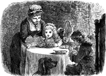 A maid feeding young children. The boy drinks from a cup and is watched by a dog. The maid holds a spoon of soup to the young girl's lips.