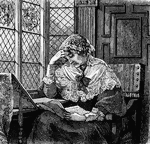 A woman sits at a desk near a window to read a large folded piece of paper, She is holding one hand to her forehead, suggesting perhaps that she is tired or enervated by the contents of the paper.