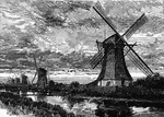 Windmills stand along a canal. The are probably polder mills used to move water up and out of lowlands, reclaiming farmland from the sea. The location is probably the Netherlands.