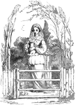 A young woman at a fence gate holding a jug. She is framed by arching branches.