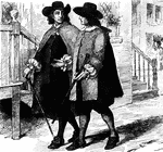 Old fashioned gentlemen walking down a road talking to each other. The both are wearing hats and carrying a cane. One wears a cape. The pass wooden stairs leading to a house.