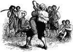 Corey and Gloyd Wrestling by J. W. Ehninger. Two men fighting in front of spectators. Some onlookers are sitting, some are standing, and one is holding a scythe. The location is presumably a field.