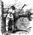 A man holding a smoldering slow match on a linstock leans over a cannon to look through an embrasure.