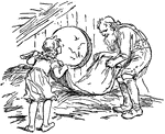 An old man with a small child. They are folding a blanket.