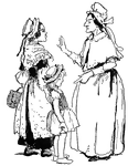 Two women and a girl. The older woman appears to be accusing the young girl to her mother. The young girl looks downcast. The older woman is pointing at the girl.