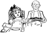 A young girl with a large hair bow is served a meal by a butler.