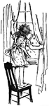 A stands on a chair to look out of a window. She holds back the curtains. The girl has curly hair and is wearing a pinafore over her patterned dress.