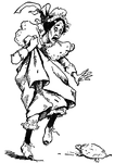 A woman showing over-exaggerated movements due to being scared of a turtle. She is wearing a large bonnet and lifts her dress a bit to reveal her bloomers.