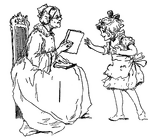 Seated grandmother hands girl a book.