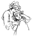 A woman with a bonnet and glasses comforts a crying girl.