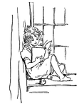 A girl sitting at a window reading a book. There is an apple beside her.