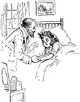 A male doctor holds the hand of a young girl in bed. She appears to be crying or worried. He seems to be comforting her. A medical bag is on a chair next to the bed.