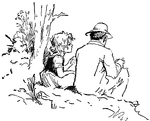 A girl sitting by a tree with a man wearing a hay