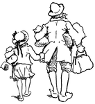 An adult and child carrying packages. Both are wearing hats.