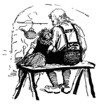 A young girl and an old man sitting on a simple bench by the fire. She leans against his arm. A kettle hangs over the fire.