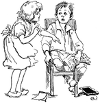 A girl gives direction to a boy who is holding schoolwork. He is seated with a slate and books at his side.