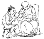 A boy reading to an old woman. He is seated and barefoot. She has a head covering.