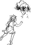 A young girl running toward a mountain cabin.