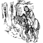 An old woman sitting on a horse being led by an old man. They are traveling through the woods. A streamer on the old woman's hat trails in the breeze.