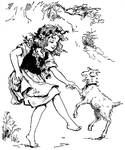 A girl with flowers in her hair is dancing with a small goat.