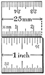 Metric and English systems compared. 25 mm and 1 inch on respective rulers.