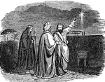 "And lo, the star, which they saw in the east, went before them, till it came and stood over where the young child was. And when they saw the star, they rejoiced with exceeding great joy." Matthew 2:9-10 ASV
<p>The illustration depicts three magi or wise men following a star in search of the Christ child.